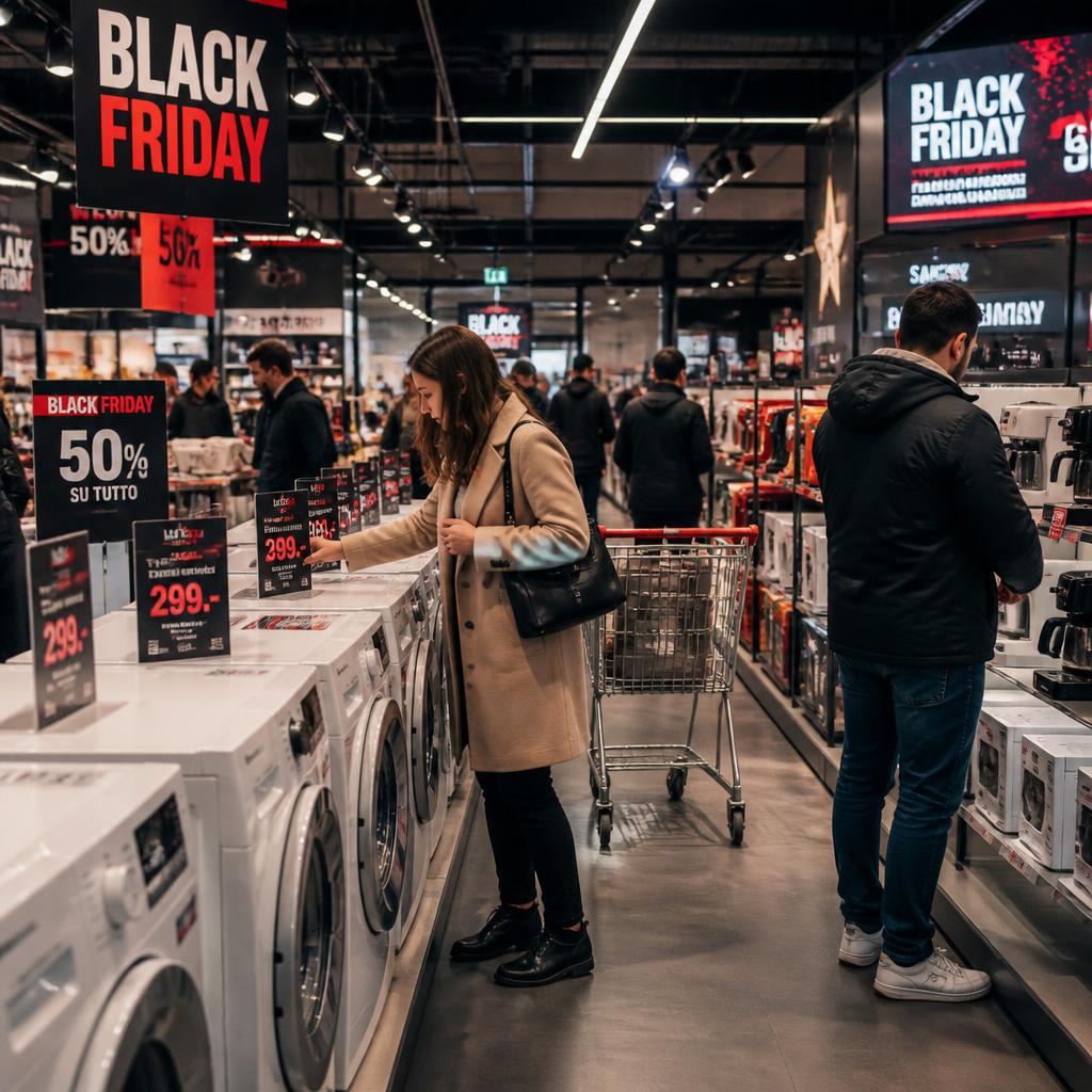 Shoppers browsing discounted washing machines and coffee machines during a Black Friday sale in a consumer electronics store